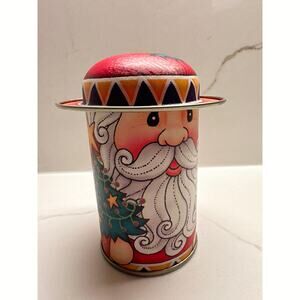 Vibrant Santa Father Christmas Flat Top Dome Hat Tin Treats Collectible